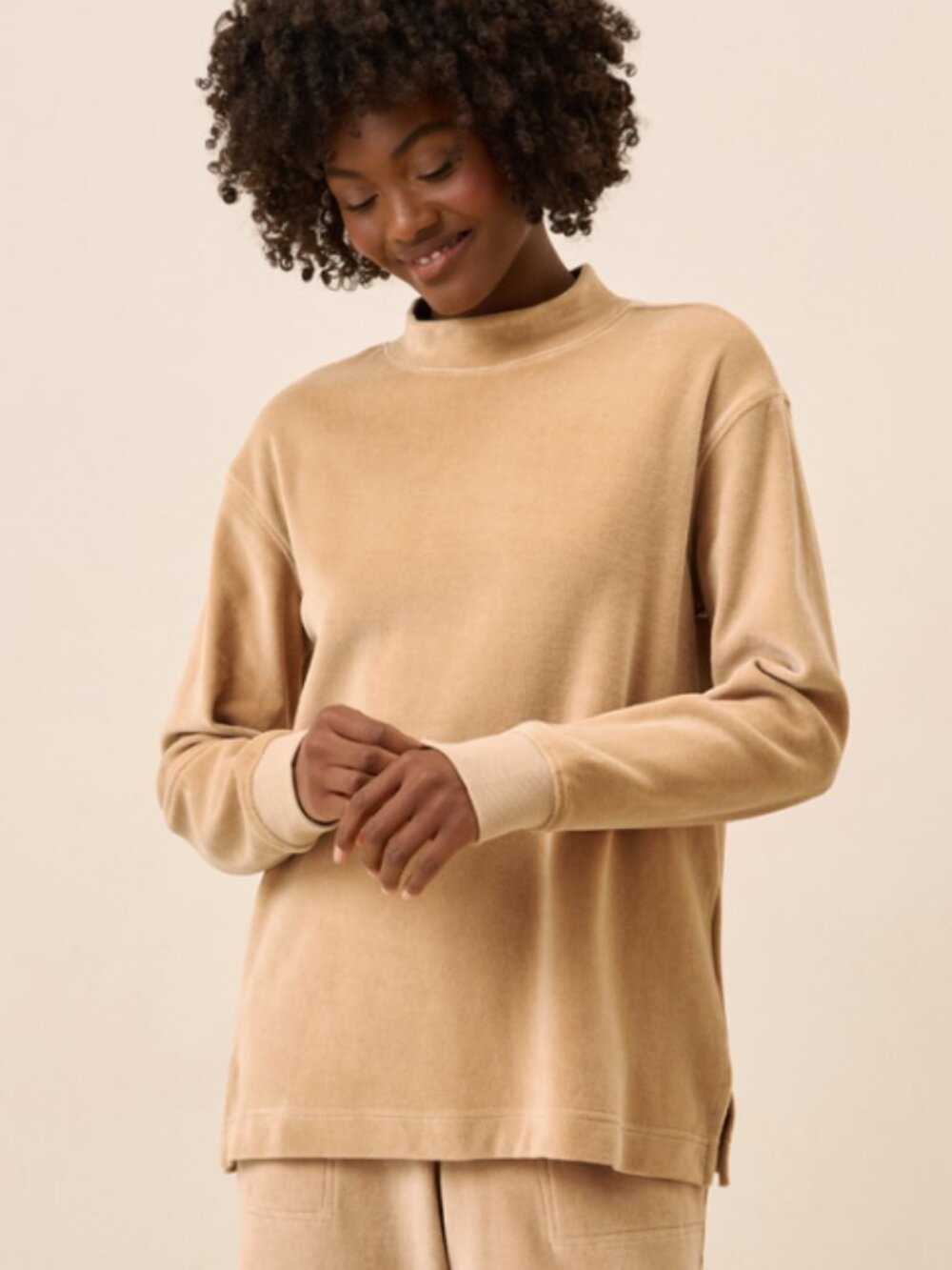 Pact Organic Pure Velour Relaxed Mockneck Long Sleeve in Sesame - Size XL